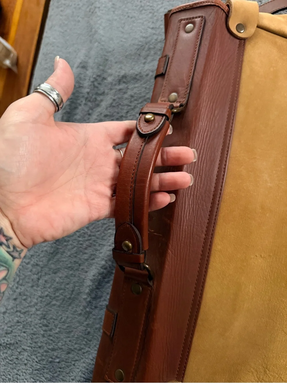 Genuine Leather and Suede Two-Tone Messenger Laptop Bag - Brown/Tan